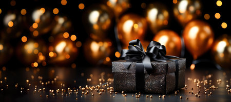 Black friday sale banner. Black gift boxes in black bokeh background.の素材