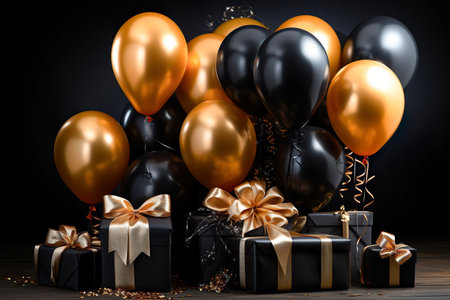 Black friday sale banner. Black and golden colored balloons with gift boxes in black background.の素材