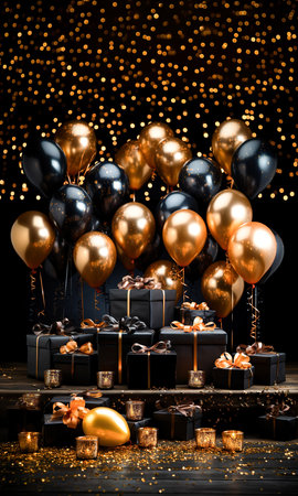 Black friday sale banner. Black and golden colored balloons with gift boxes in black bokeh background.の素材