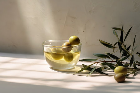 Olive oil in small jar with olives and branch of olive tree with soft shadow.の素材