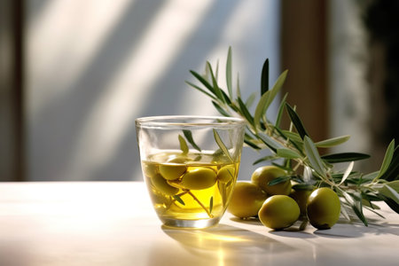 Olive oil in small jar with olives and branch of olive tree with soft shadow.の素材