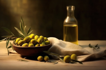 Olive oil in small jar with olives and branch of olive tree with soft shadow.の素材