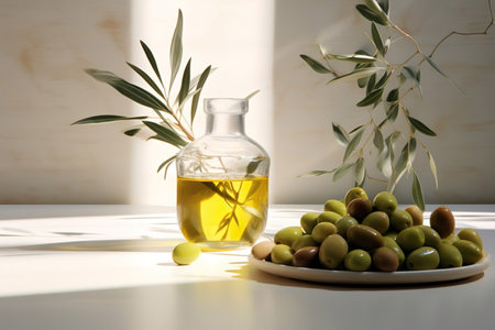 Olive oil in small jar with olives and branch of olive tree with soft shadow.の素材
