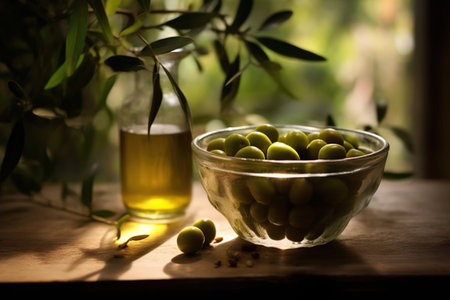 Olive oil in small jar with olives and branch of olive tree with soft shadow.の素材