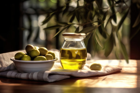 Olive oil in small jar with olives and branch of olive tree with soft shadow.の素材