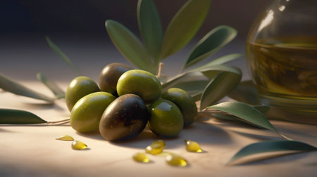 Ripe olives with branch of olive tree and glass jug in the background. Soft shadow on the table.の素材