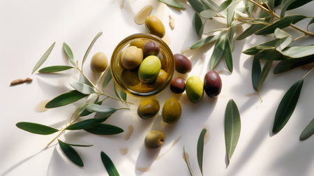 Olive oil in small jar with olives and branch of olive tree with soft shadow. Flat lay.の素材