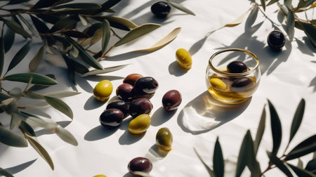Olive oil in small jar with olives and branch of olive tree with soft shadow. Flat lay.の素材
