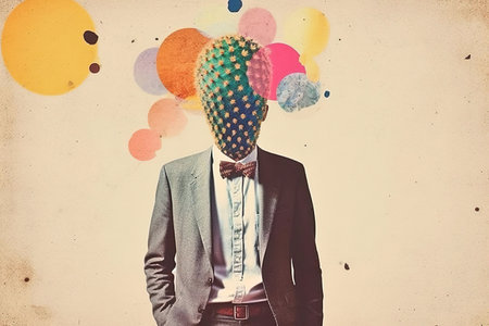 Pop art postmodern style collage. Illustration of busines man with cactus on the head depicting headache. Pace of modern life concept. A minimalistic and surreal portrait.の素材