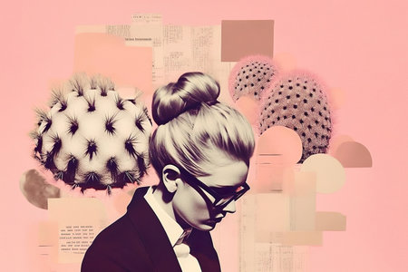Pop art postmodern style collage. Illustration of busines woman with cactus on the head depicting headache. Pace of modern life concept. A minimalistic and surreal portrait.の素材