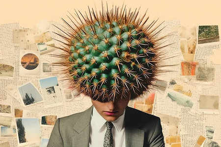 Pop art postmodern style collage. Illustration of busines man with cactus on the head depicting headache. Pace of modern life concept. A minimalistic and surreal portrait.の素材