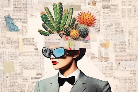 Pop art postmodern style collage. Illustration of busines woman with cactus on the head depicting headache. Pace of modern life concept. A minimalistic and surreal portrait.の素材
