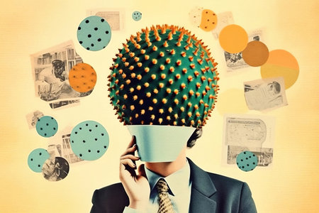 Pop art postmodern style collage. Illustration of busines woman with cactus on the head depicting headache. Pace of modern life concept. A minimalistic and surreal portrait.の素材