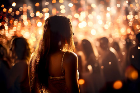 Christmas event party, young woman and blurred dancing people in background. Selective focus.の素材