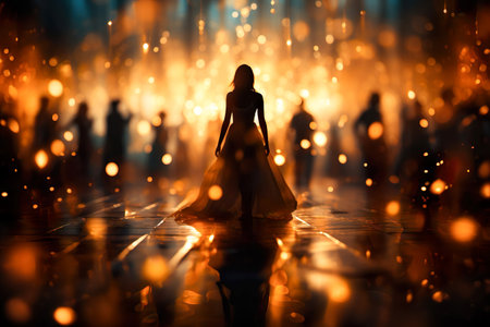 Christmas event party, young woman and blurred dancing people in background. Selective focus.の素材
