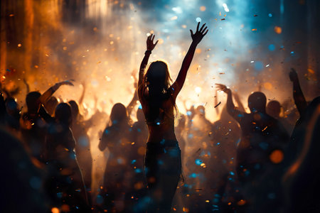 Christmas event party, dancing young woman and blurred dancing people in background. Selective focus.の素材