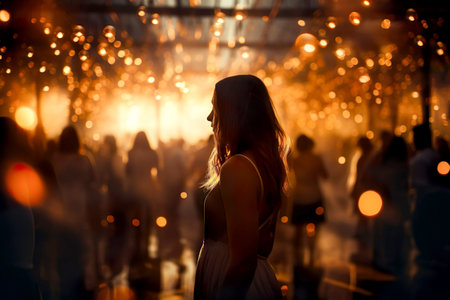 Christmas event party, young woman and blurred dancing people in background. Selective focus.の素材