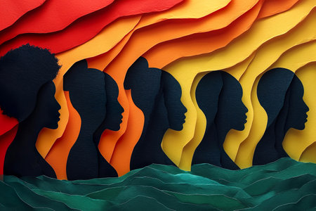 Women's profiles cut out of colored paper. Black history month celebration of diversity and African culture pride, multi cultural celebration.の素材