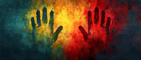 Artwork of human hands on colorful background. Black History Month concept. Copy space for text. Banner.の素材