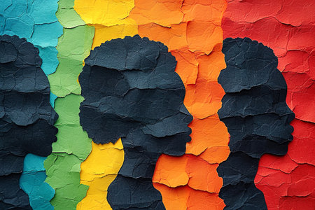 Women's profiles cut out of colored paper. Black history month celebration of diversity and African culture pride, multi cultural celebration.の素材