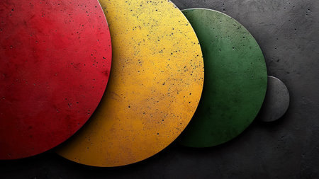 Red, yellow and green color stone plates on the black background. Black History Month concept. Flat lay. Copy space. Banner.の素材
