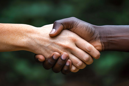 Two multiracial people shaking hands. Business meeting. Great design for any purpose. Dark background. Banner.の素材