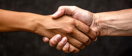 Two multiracial people shaking hands. Business meeting. Great design for any purpose. Dark background. Banner.の素材