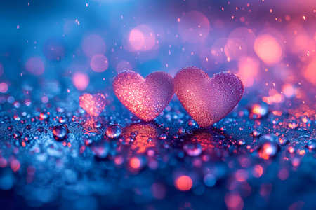 Two pink glittered hearts on blue bokeh background. Valentines day greeting card.の素材