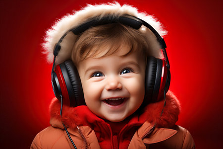 Portrait of happy cheerful child wearing headphones listen to music.の素材