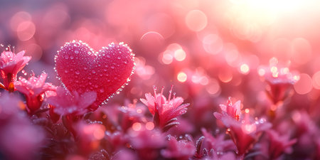 Pink glittered hearts on nature bokeh background. Valentines day greeting card. Banner.の素材