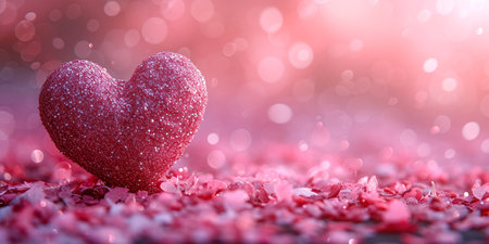 Pink glittered heart on bokeh pink background. Valentines day greeting card. Banner.の素材