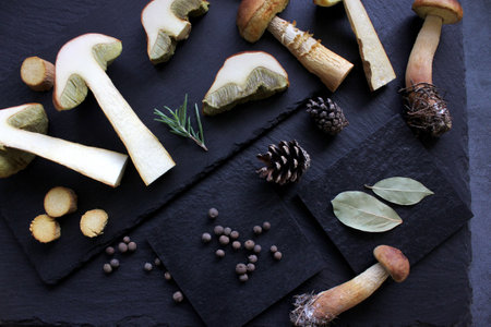 Aureoboletus projectellus mushrooms with spices on dark background. Menu concept. Flat lay, close up, copy space.の写真素材