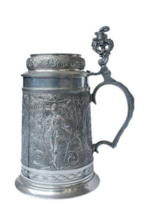 Antique German pewter beer stein with engravingの写真素材