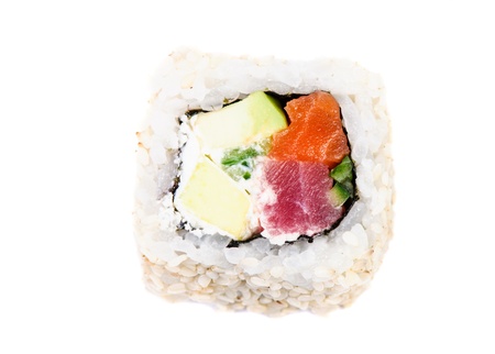 Sushi with avocado and fish on white background isolatedの写真素材