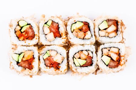 Sushi set with avocado, fish and red caviar on white backgroundの写真素材