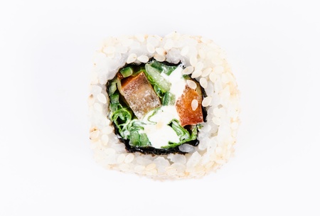Sushi with leawes salad and paprika on white backgroundの写真素材