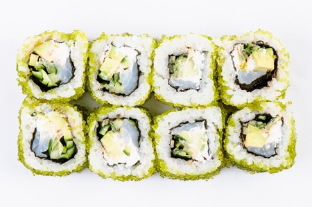 Sushi set with fish and green caviar on white backgroundの写真素材