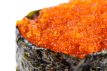Tobiko Gunkan Sushi with Fish Roe on white background isolatedの写真素材