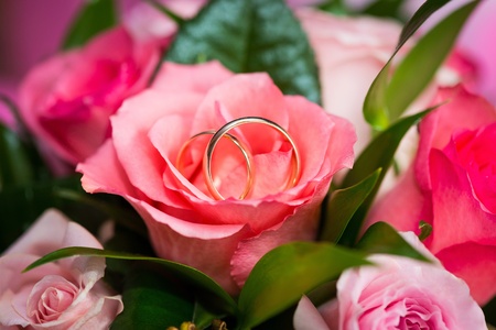 Two golden wedding rings on rose in bridal bouquet の写真素材