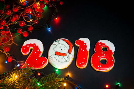 Christmas background with gingerbread, Christmas trees and snowflakes with pine cones. 2018 year of the dogの写真素材