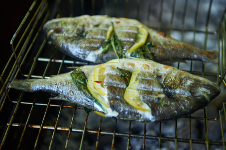 Sea bream prepared on grill with lemon and rosemaryの写真素材