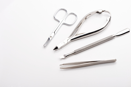 Manicure tools, set on a white background with empty space for you textの写真素材