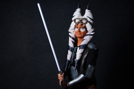 MINSK, BELARUS - NOVEMBER 03, 2018: Uni?on Convention & Game Expo Minsk 2018. Cosplayer from Star wars shoot on black background in photo zoneのeditorial素材