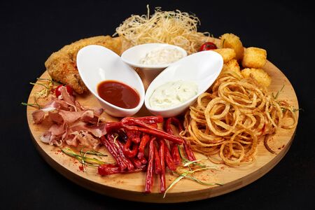 meat and snack set. pub, restaurant, bar food concept. meat appetizers set with grill chicken,...