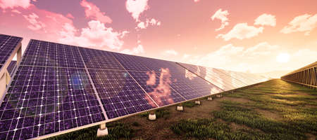Closeup of colorful panoramic landscape: solar power plant (High-resolution 3D CG rendering...