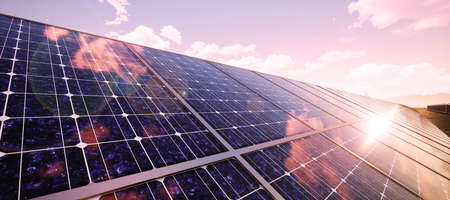 Closeup of colorful panoramic landscape: solar power plant (High-resolution 3D CG rendering...