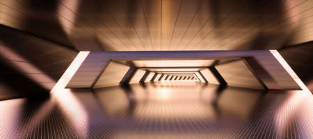 Abstract geometric interior metal tunnel background (3D CG rendering illustration)