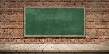Closeup of colorful wooden platform and blackboard/chalkboard background, front view (High-resolution 3D CG rendering illustration)の写真素材