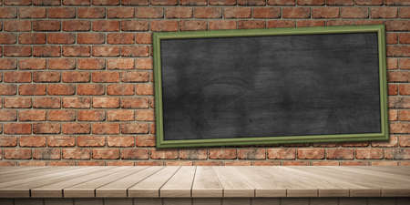 Closeup of colorful wooden platform and blackboard/chalkboard background, front view (High-resolution 3D CG rendering illustration)の写真素材