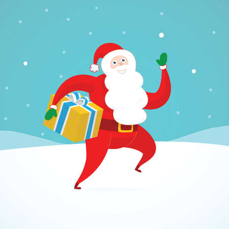 Santa Claus running through the snow with a present のイラスト素材